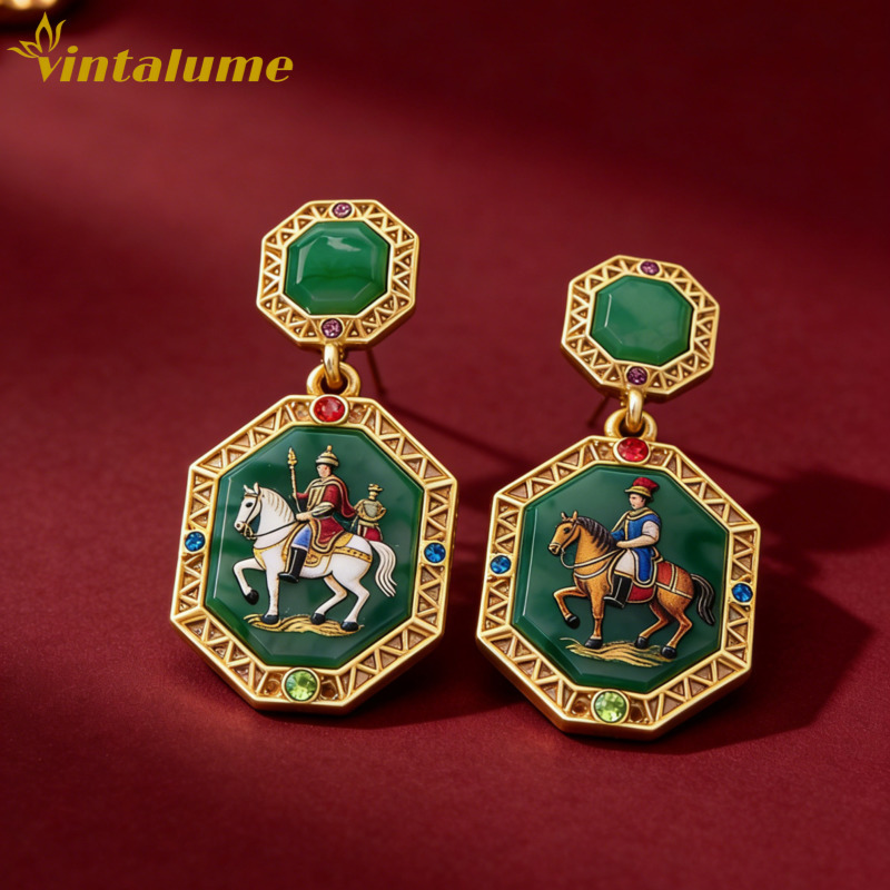 Vintage Fashion Illustration - Octagonal Knight Horse Painting Drop Earrings