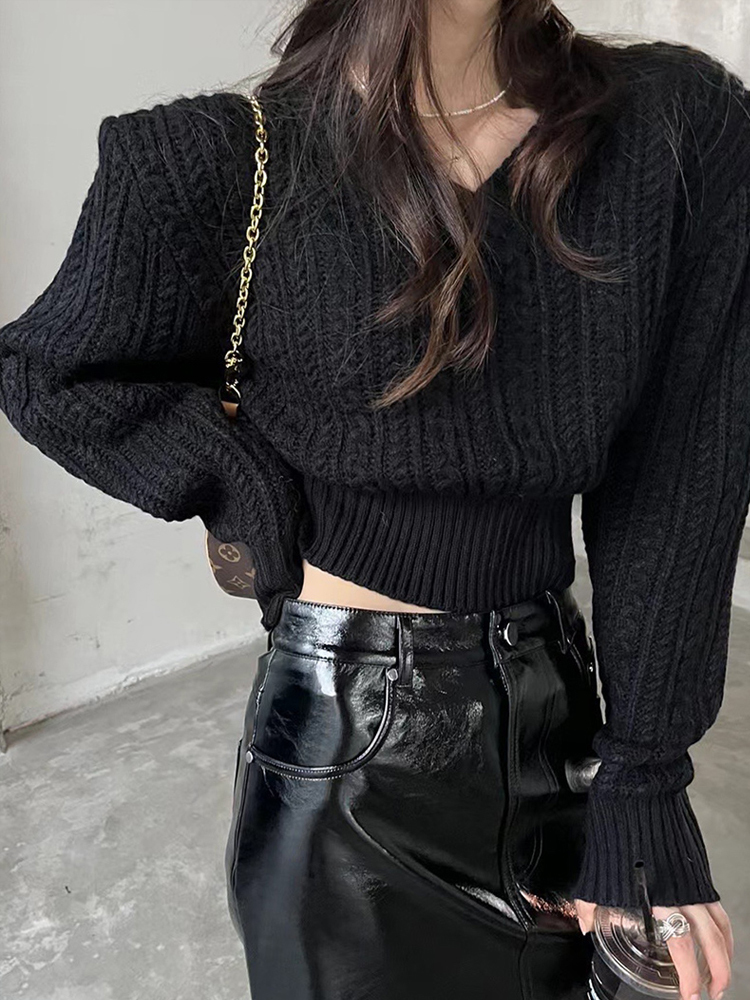 V Neck Short Sweater Women Kor - Vintage Fashion Old Money avis et prix