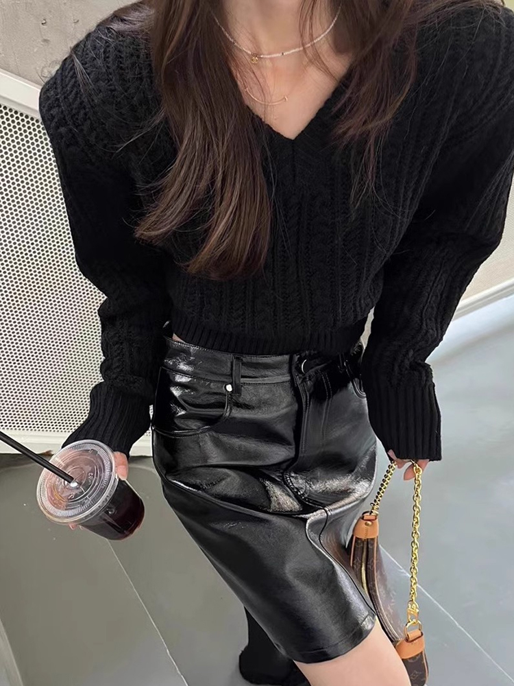V Neck Short Sweater Women Kor - Vintage Fashion Old Money avis et prix