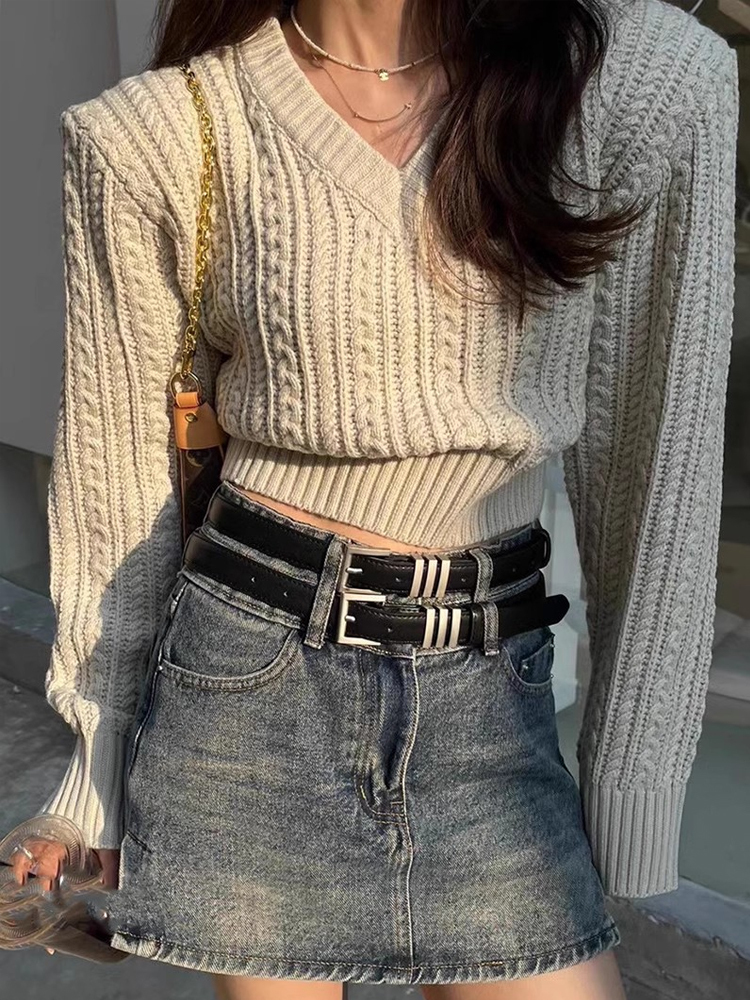 V Neck Short Sweater Women Kor - Vintage Fashion Old Money avis et prix